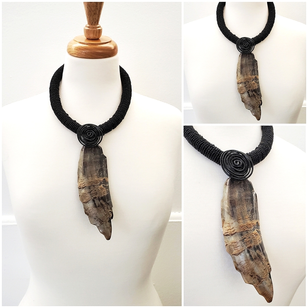 Wire and Genuine Horn with Black Seed Bead Collar Necklace